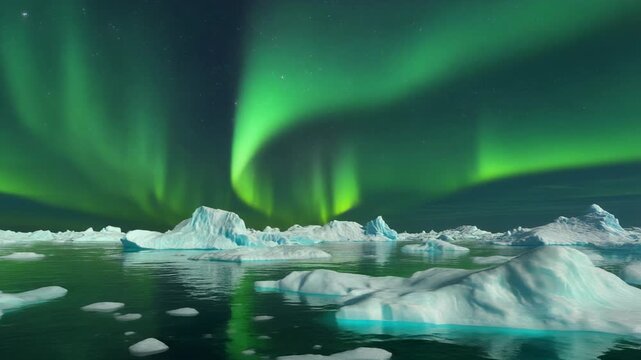 Green Aurora Reflecting On Floating Icebergs In A Polar Ocean