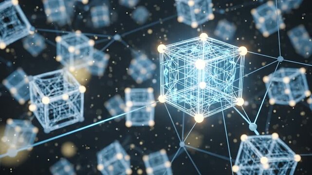Abstract 3D glowing digital cubes connected by data lines.