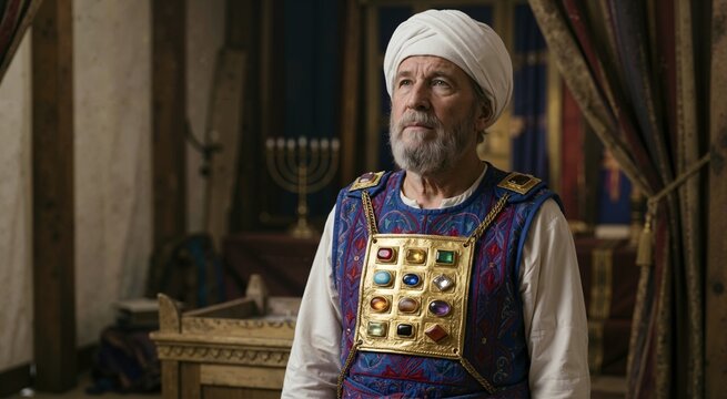 Ancient priest wearing golden breastplate with twelve gemstones. Senior man with grey beard and white turban in biblical sanctuary setting. Old Testament religious theme