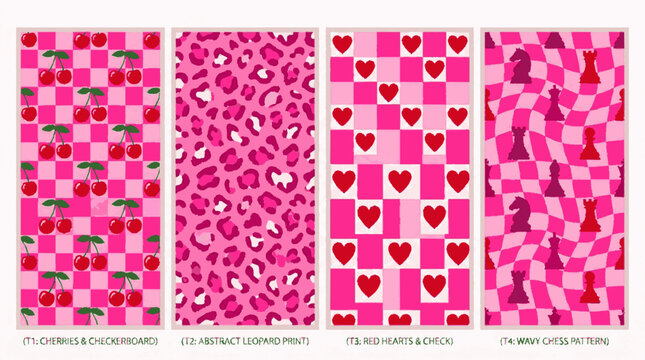 Set of four vibrant pink seamless pattern tiles featuring cherries leopard print hearts and wavy chessboard designs for textiles