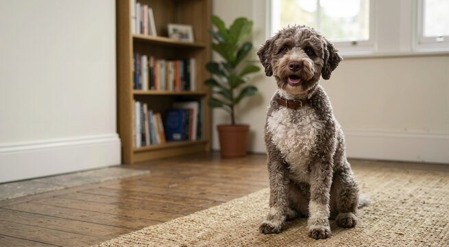 Portrait of a brown and white Lagotto Romagnolo dog sitting on a woven rug. Cute curly haired purebred pet in a cozy living room interior