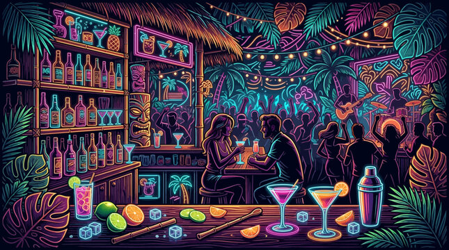 vibrant tropical tiki bar interior with colorful cocktails and patrons