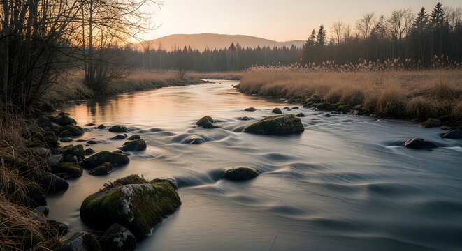 Shallow river flowing through a forest in autumn