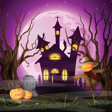 Spooky haunted castle illustration with a full moon and pumpkins for halloween night
