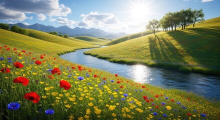 Naklejka premium A serene landscape with a winding river, lush green hills, and a clear blue sky with scattered clouds, featuring vibrant red and yellow wildflowers and a serene stream with a reflection of the sky.