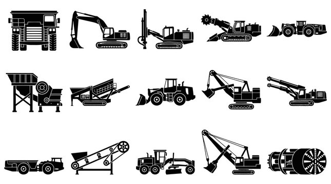 Heavy Mining and Construction Machinery Silhouette Vector Icons Set. Industrial Quarry Earthmoving Equipment.