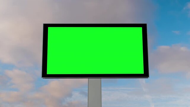 Timelapse: front view - blank green billboard or large display and moving white clouds against blue sky. Time lapse, advertising, green screen, consumerism, mock up, copy space and chroma key concept