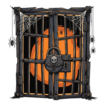 Spooky Skull Locked Cage with Orange Moon.