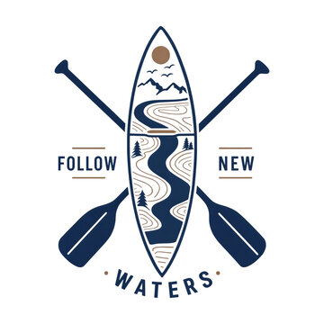 Stylish kayak and paddles logo design. Adventure travel and exploration branding concept.