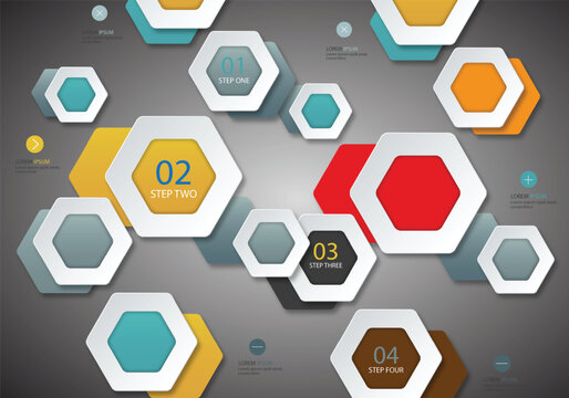 Hexagonal infographic elements with numbered steps and placeholder text on a gray background