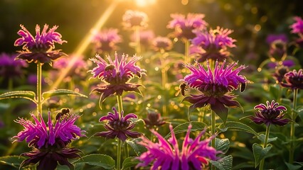 Obraz premium Purple bee balm flowers in golden sunset light with botanical, pollination