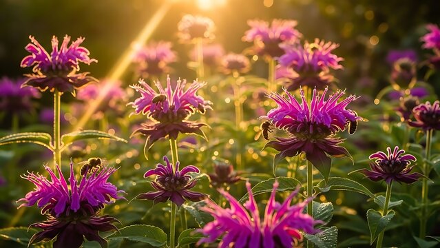 Purple bee balm flowers in golden sunset light with botanical, pollination