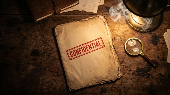 Old Confidential File Folder Lying on Detective Desk with Lamp
