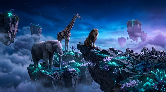 Fantastical Animals on Floating Glowing Rock Formation with Starry Sky