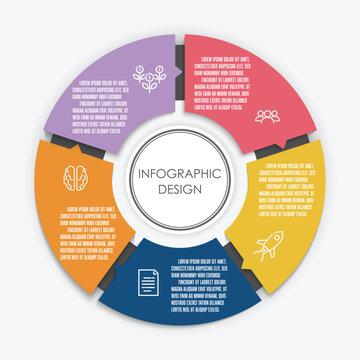Colorful infographic design with circular diagrams and icons on a white background