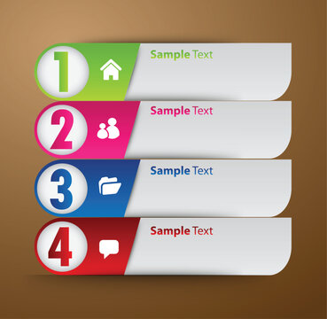 Numbered infographic elements with icons and sample text on a brown background