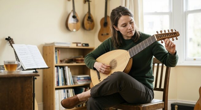 Woman tuning a lute in a music room. Female musician adjusting strings on a traditional acoustic instrument. Musical hobby and practice concept