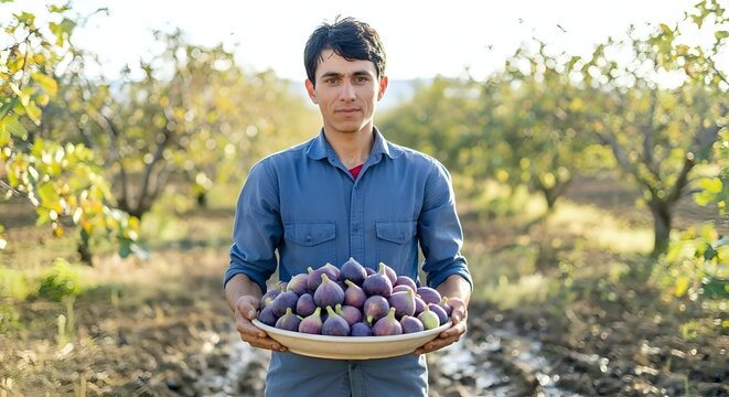 Farmer holding wooden basket of fresh figs in orchard
