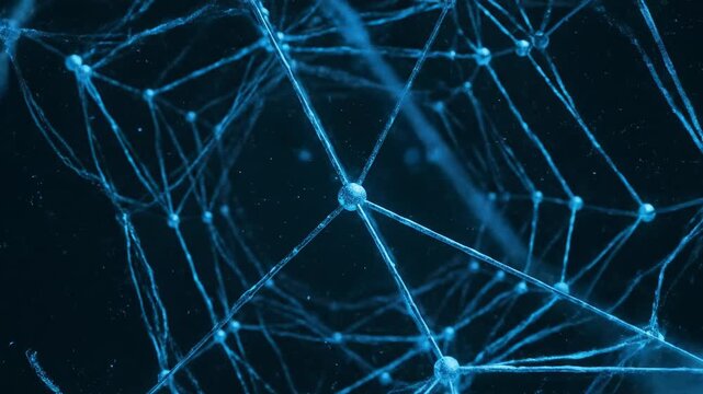 Glowing blue network of interconnected structures with a dark background