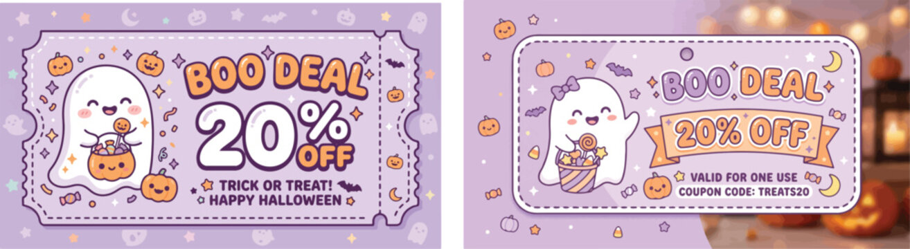 Cute Halloween Boo Deal 20 Percent Off Coupon Ticket Templates with Kawaii Ghosts and Pumpkins on Purple Background