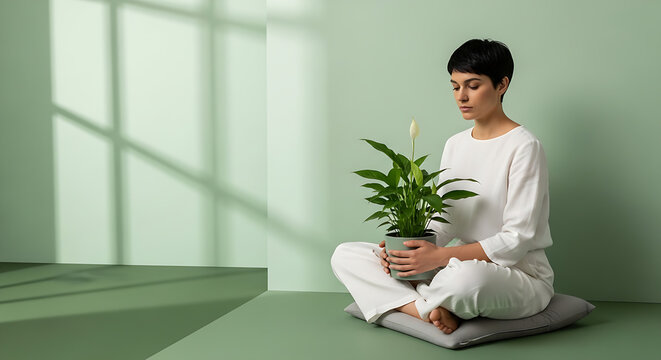 Woman Meditating with Houseplant in Serene Room