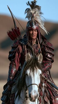 Mongolian warrior on horseback in traditional armor holding bow and arrows