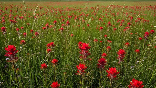 Field of bright red indian paintbrush wildflowers with paintbrush, wildflower