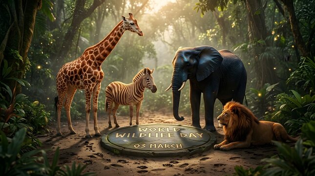 World Wildlife Day Celebration with Giraffe, Zebra, Elephant, and Lion in Jungle Setting