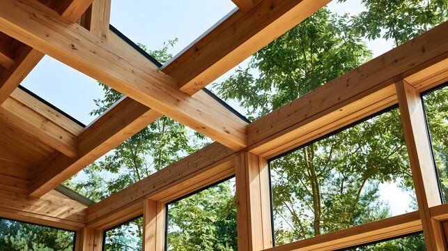 Modern wooden structure with glass panels offering views of green trees under a clear sky