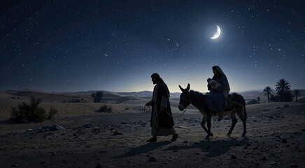 Fototapeta premium Silhouette of a family traveling through the desert at night. Man leading a donkey carrying a woman and baby under a starry sky with a crescent moon. Biblical nativity journey concept
