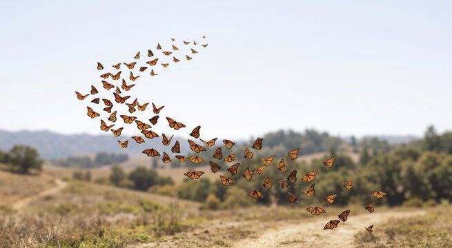 Swarm of monarch butterflies flying in a curved formation. Large group of insects migrating over a natural landscape with fields and hills