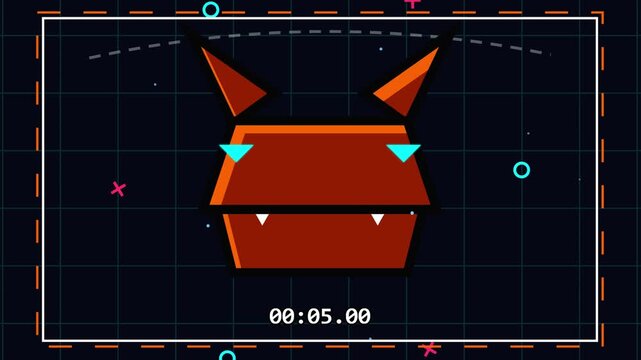 Animated abstract monster face with geometric shapes and digital effects