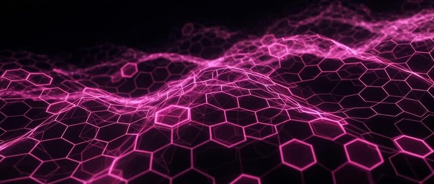 Magenta hexagon wireframe network background with glowing abstract digital wave, futuristic landscape, neon geometric pattern, dark space texture and modern technology wallpaper