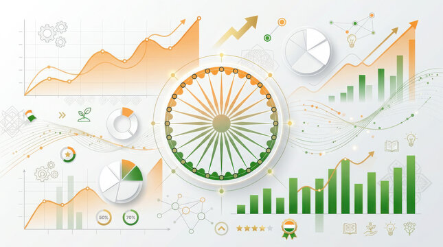 Financial growth charts and data graphs featuring a central ashoka chakra generated using ai