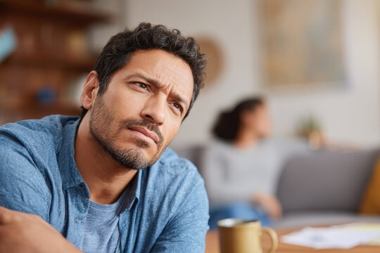 Casual domestic moment: tired man rolling eyes during conversation in living room