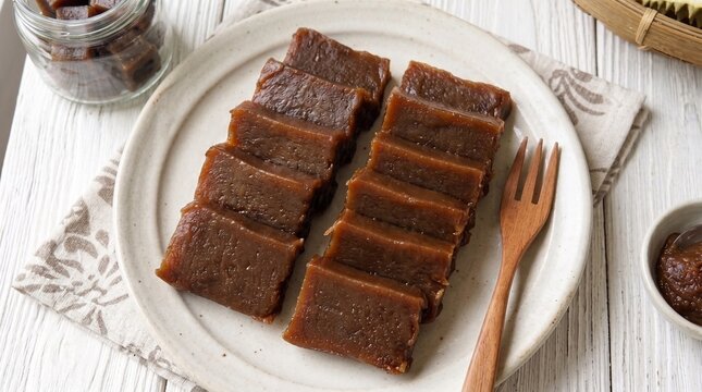 Traditional Indonesian sweet durian cake, Dodol Durian or Lempok, sliced on a ceramic plate, served with a wooden fork on a white wooden table.