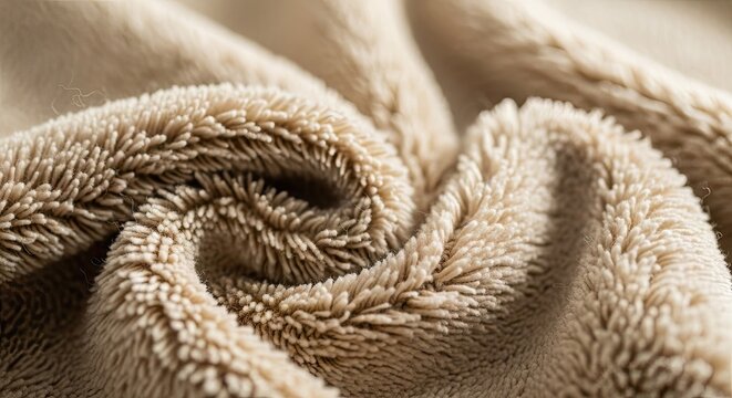 A beige textured fabric with a crumpled appearance, possibly a blanket or towel, with a soft, fuzzy texture and a slightly wrinkled surface.