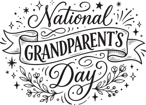 National grandparents day calligraphy illustration with floral elements and sparkling star accents