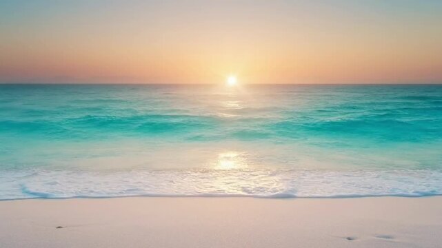 Idyllic tropical beach sunset featuring calm turquoise ocean waves gently lapping white sand