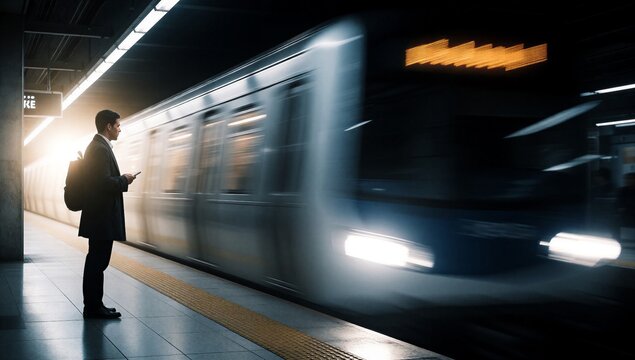 Businessman waiting on subway platform as high speed train arrives in motion
