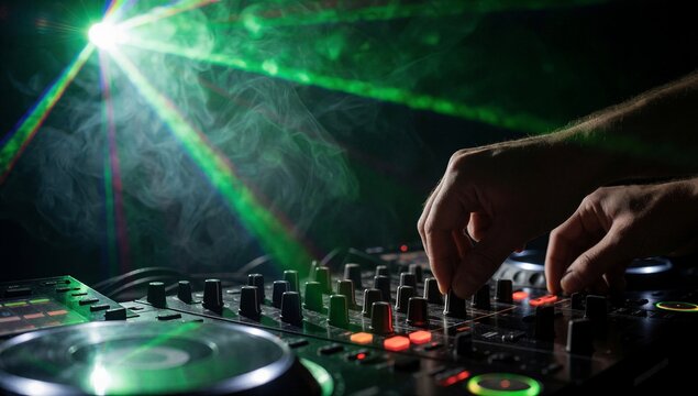 Close up of hands operating professional dj mixer controller under vibrant green laser lights