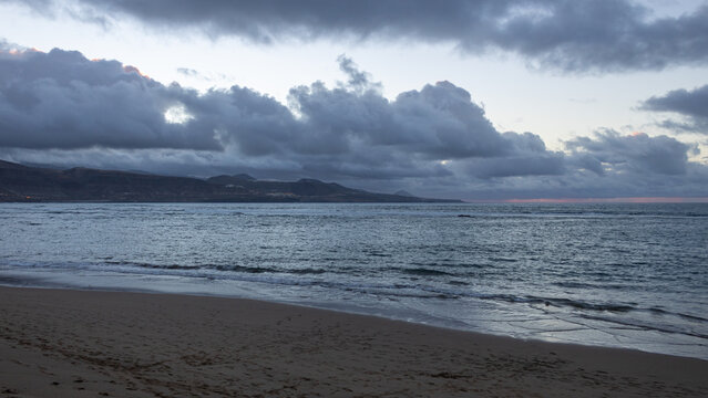 Dramatic storm clouds over Playa de Las Canteras, Gran Canaria, Canary Islands, Spain
