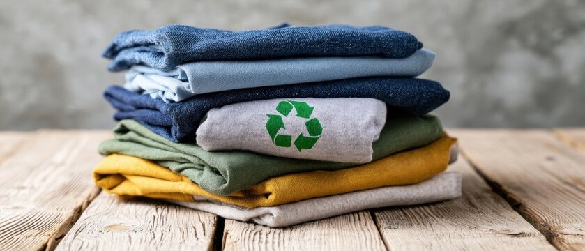 Stack of folded denim and cotton clothing on wooden surface
