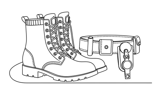 Military boot and utility belt on white background.