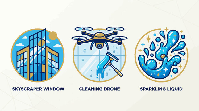 Vector icons set representing skyscraper window cleaning drone and sparkling liquid splash.