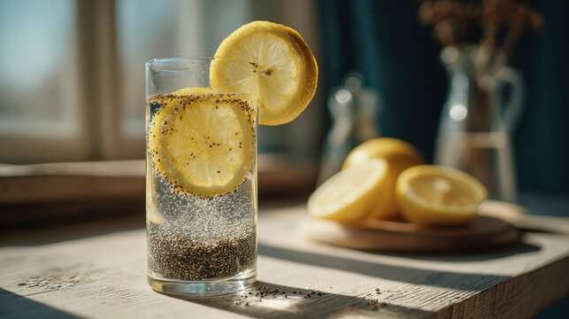 Chia seed water with lemon on a sunlit kitchen table