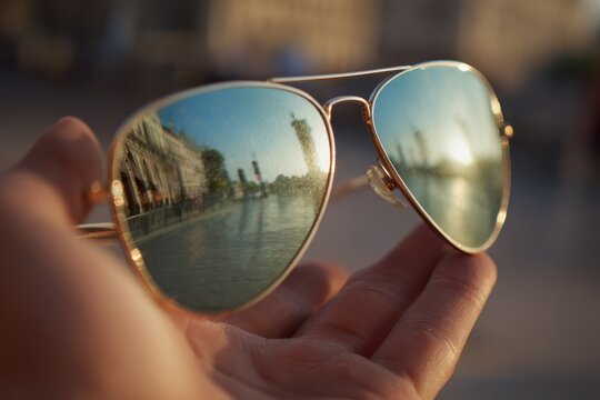 Chic eyewear with blue-green mirrored lenses reflecting a city street glow