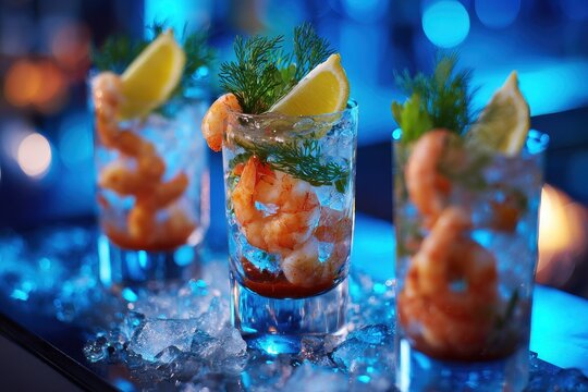 Chilled Shrimp Cocktails in Elegant Glasses on a Polished Bar Counter with Lemon Garnish