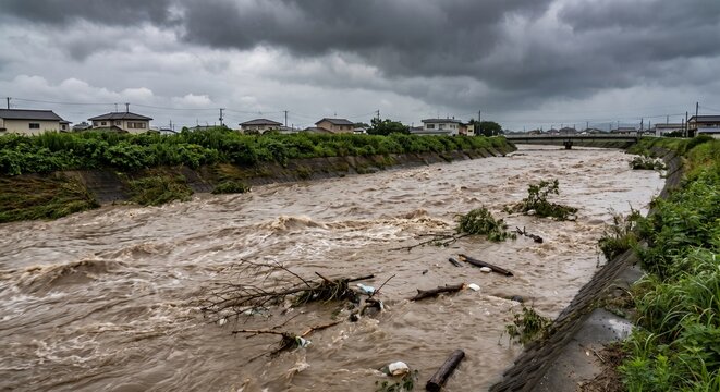 豪雨で増水した河川と濁流 台風・洪水・防災イメージ