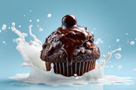 Chocolate cupcake with cherry and jam surrounded by milk and cream splashes on blue background